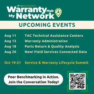 MAPconnected MyWarrantyNetwork upcoming events for August 2026 and the Service & Warranty Lifecycle Summit, October 19–21.