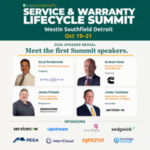 2026 Service & Warranty Lifecycle Summit speaker reveal featuring Daryl Kreskowiak, Graham Swan, James Kiriazes and Jordan Tauriainen.