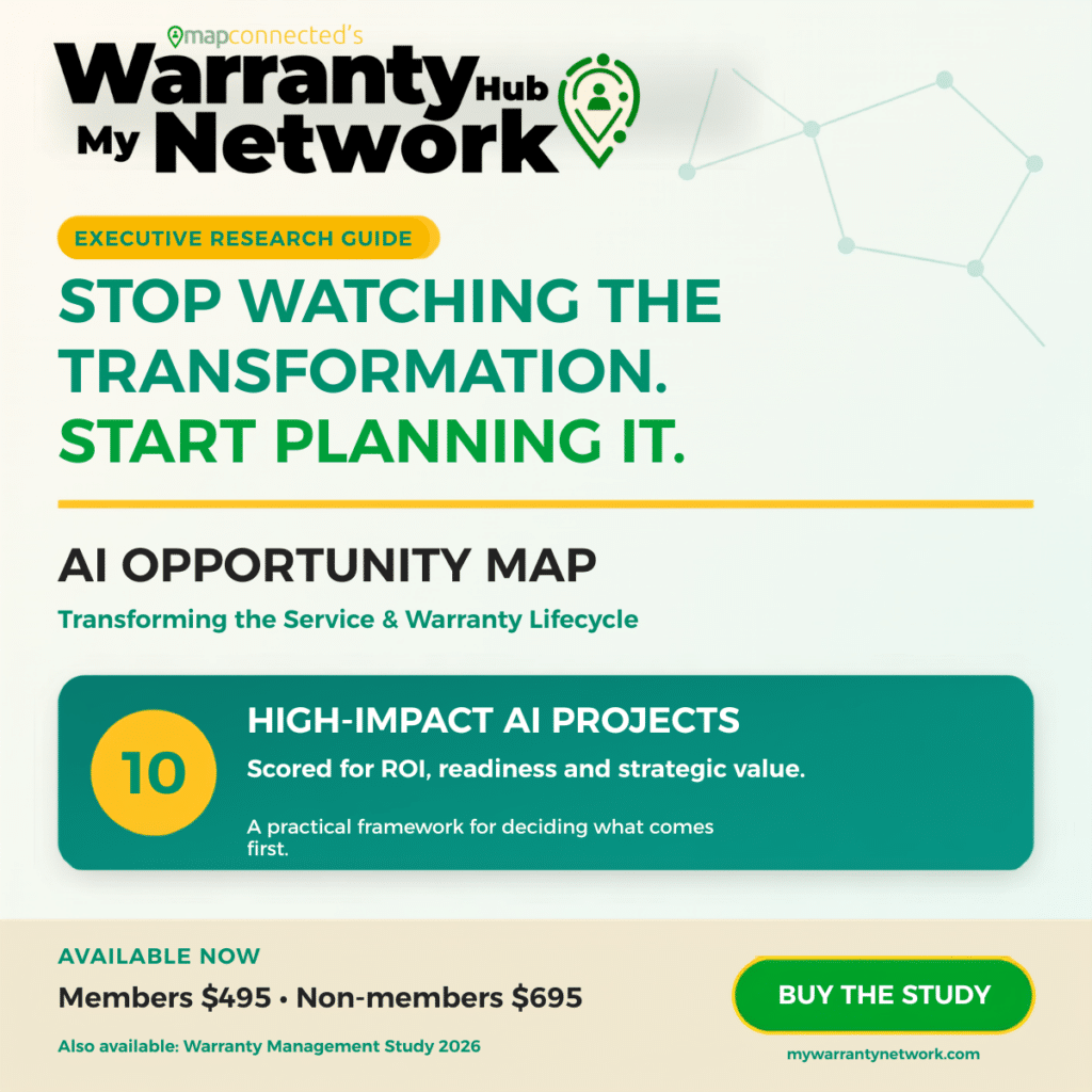 MAPconnected AI Opportunity Map executive guide featuring 10 high-impact AI projects across the Service and Warranty Lifecycle.
