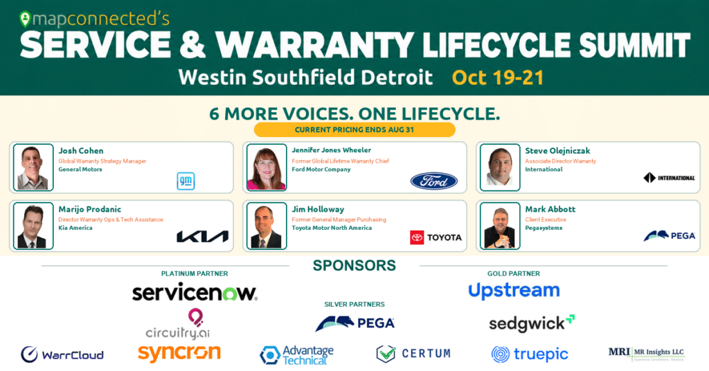 6 more speakers announced for the MAPconnected Service & Warranty Lifecycle Summit in Detroit October 19–21.