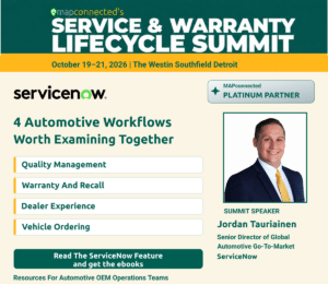 ServiceNow Platinum Sponsor feature with Jordan Tauriainen and four automotive workflows.