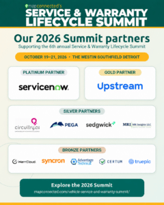 MAPconnected 2026 Service & Warranty Lifecycle Summit sponsors, grouped by Platinum, Gold, Silver and Bronze partnership levels.