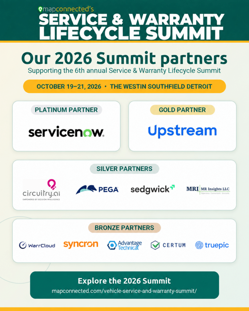 MAPconnected 2026 Service & Warranty Lifecycle Summit sponsor logos grouped by Platinum, Gold, Silver and Bronze partnership tiers.
