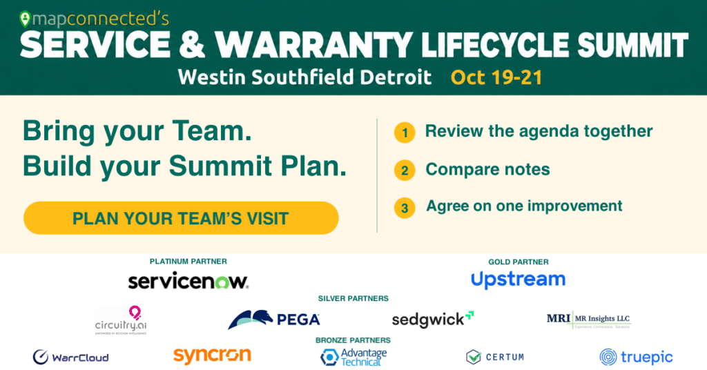 Service & Warranty Lifecycle Summit graphic encouraging teams to review the agenda together, compare notes and agree on one improvement.