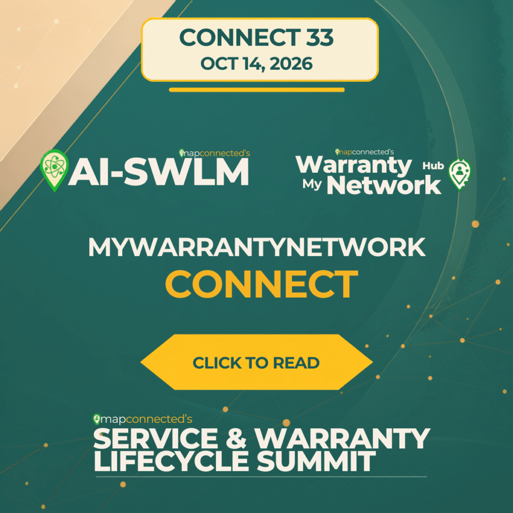 MyWarrantyNetwork CONNECT 33 cover, dated October 14, 2026, featuring the Service & Warranty Lifecycle Summit.