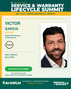 Speaker graphic featuring Victor Garcia of Nissan North America and the topic Field Service Bulletins.