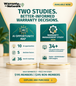 Two studies sold separately: AI Opportunity Map with 10 AI opportunities, 5 decision factors and a 36-month roadmap; Warranty Management Study 2026 with 34-plus claim-entry and workflow screenshots. Each study costs $195 for members or $395 for non-members.