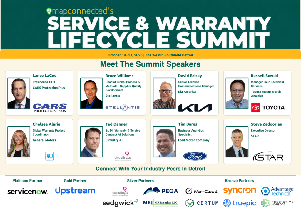 Service & Warranty Lifecycle Summit speakers Lance LaCoe, Bruce Williams, Chelsea Alarie, Ted Danner, David Brisky, Russell Suzuki, Tim Bares and Steve Zadoorian.